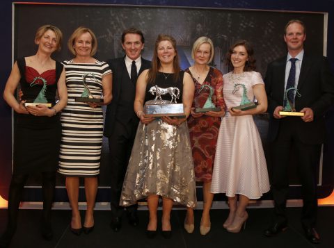 Sir Anthony McCoy with Gemma Hogg winner of Employee of the Year at The Godolphin Stud and Stable Staff Awards and Alyson Deniel ,Lisa Delany, Claire Goodenough , Laura Winstanley and Stuart Thom The Jumeirah Carlton Tower Hotel 22.2.16 Pic Dan Abraham-racingfotos.com